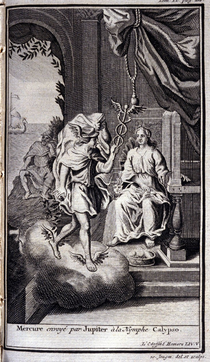 Merkur sendt av Jupiter til nymfen Calypso. Illustrasjon for bok V av Odyssey of Homer, in the Odyssey, utgitt i Amsterdam i 1731, Collection privee Milan. av Flemish School