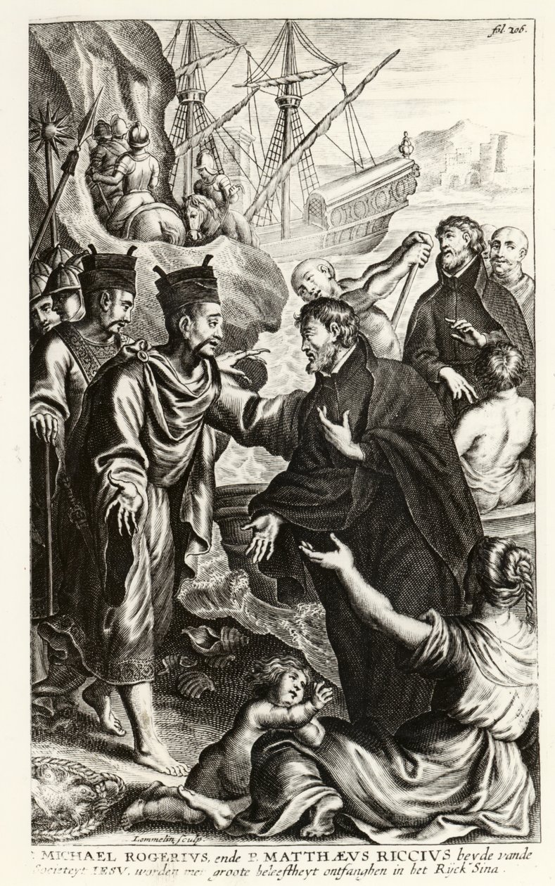 Michael Rogerius (1543-1607) og Matthaeus Riccius (1552-1610) ankommer kysten av Kina, illustrasjon fra en historie om kirken av P. Cornelius Hazart, utgitt i Antwerpen, 1668 av Flemish School