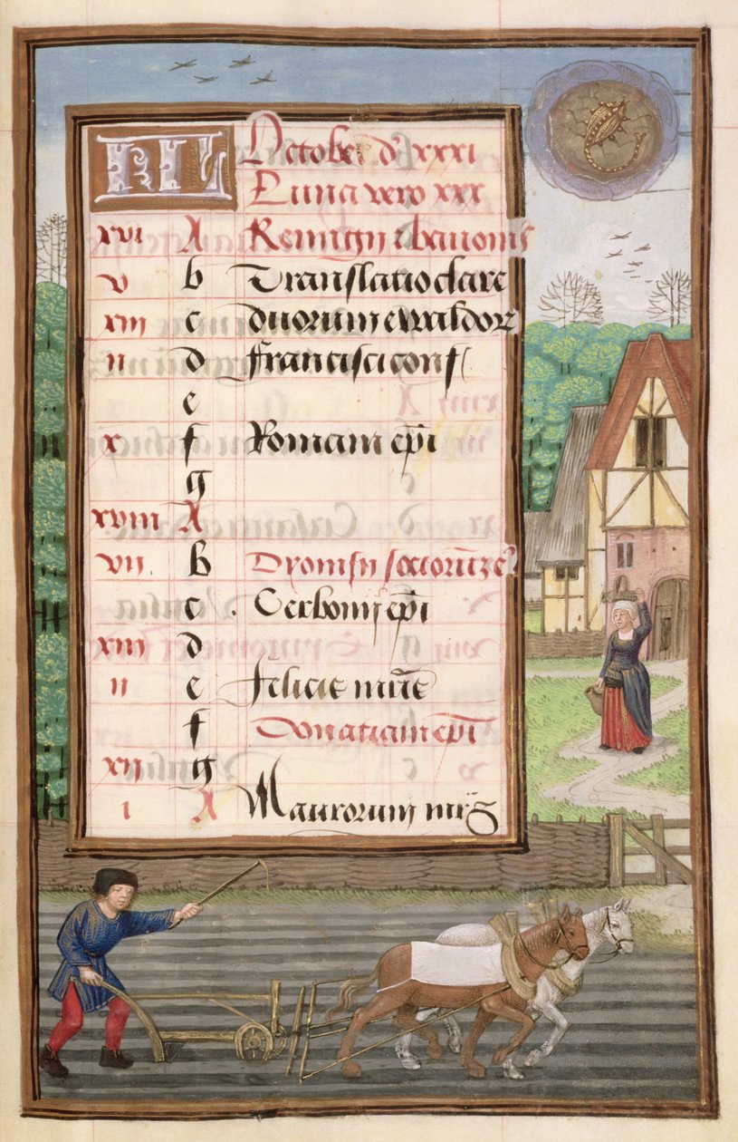 Ms 1058-1975 f10r Ploughing with Two Horses, opplyst kalenderside for oktober, fra en timebok, ca. 1500 av Flemish School