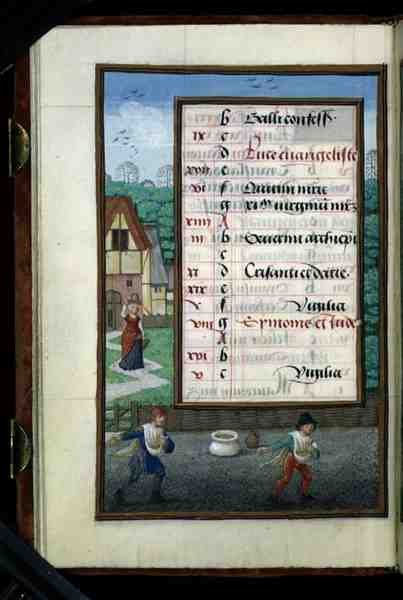 Ms 1058-1975 f.10v To menn som sår mais, opplyst kalenderside for oktober, fra en timebok, ca. 1500 (vellum) av Flemish School