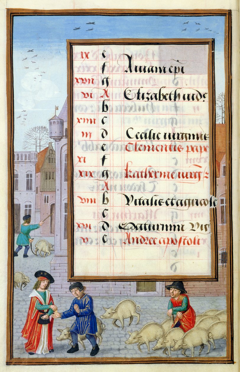 Ms 1058-1975 f11v Selling Pigs at the Market, opplyst kalenderside for november, fra a Book of Hours, ca. 1500 av Flemish School