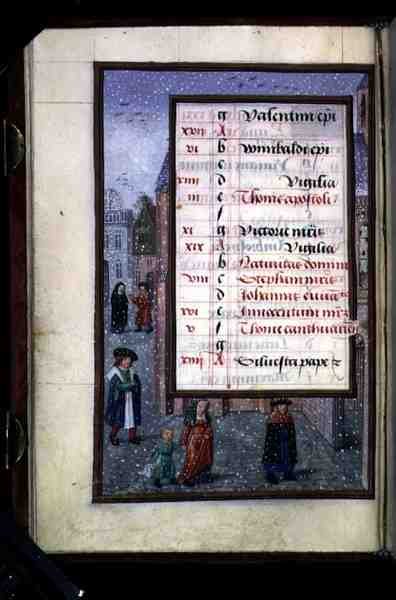 Ms 1058-1975 f12v Snow in a Street, opplyst kalenderside for desember, fra en timebok, ca. 1500 (vellum) av Flemish School