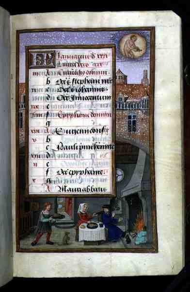 Ms 1058-1975 f1r Parfest, opplyst kalenderside for januar, fra en timebok, ca. 1500 (vellum) av Flemish School