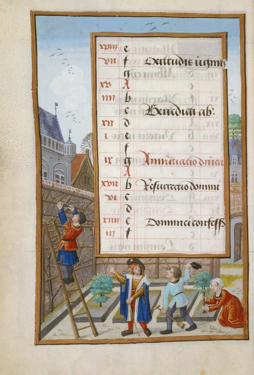 Ms 1058-1975 f3v Eier gir ordre til sine gartnere, opplyst kalenderside for mars, fra en timebok, ca. 1500 av Flemish School