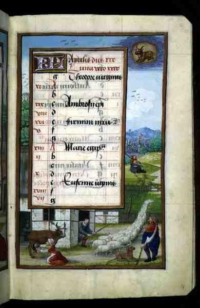 Ms 1058-1975 f4r Farmyard Scene, opplyst kalenderside for april, fra a Book of Hours, ca. 1500 (vellum) av Flemish School