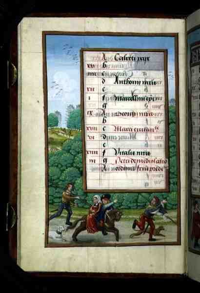 Ms 1058-1975 f4v A Master and his Lady Ride with the Hunt, opplyst kalenderside for april, fra a Book of Hours, ca. 1500 (vellum) av Flemish School