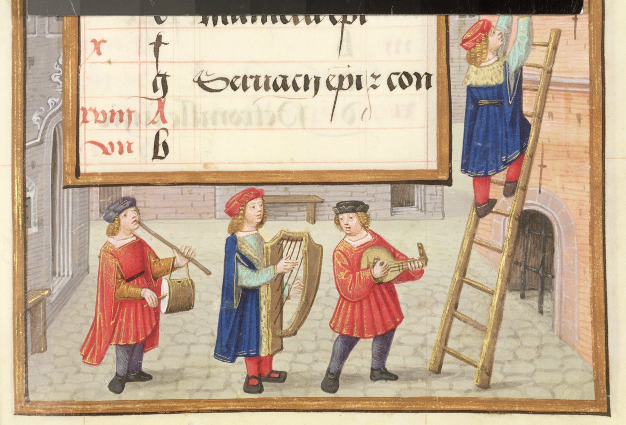 Ms 1058-1975 f.5r Musikere i en brosteinsbelagt gate, detalj fra opplyst kalenderside for mai, fra en 