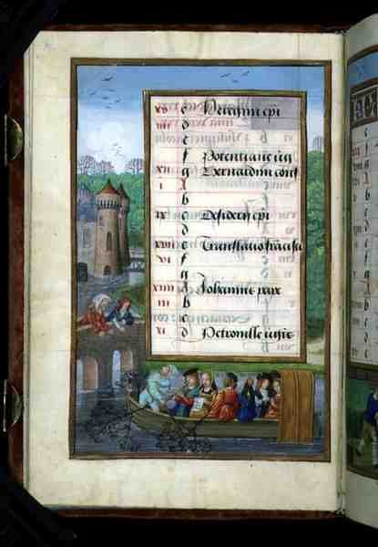 Ms 1058-1975 f5v A Boating Party on a River, opplyst kalenderside for mai, fra a Book of Hours, ca. 1500 (vellum) av Flemish School