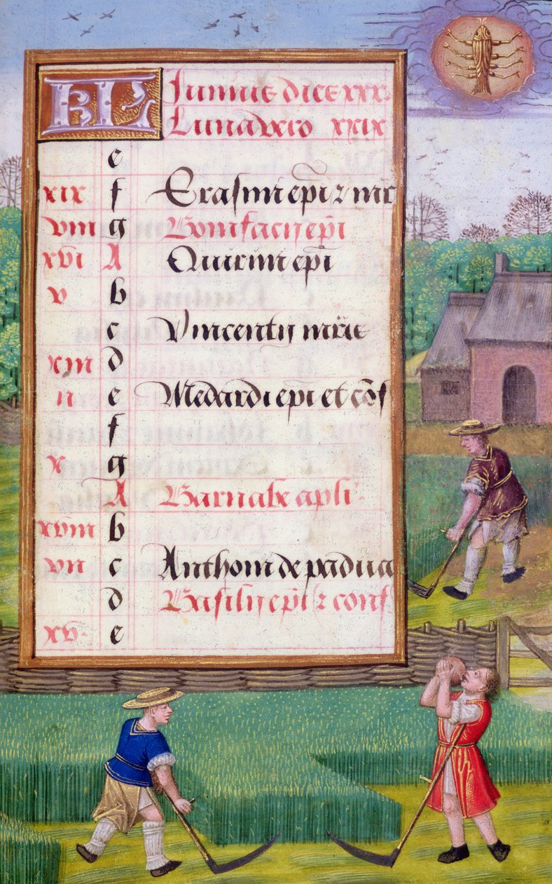 Ms 1058-1975 f6r Mowing Grass, opplyst kalenderside for juni, fra en timebok, ca. 1500 (vellum) av Flemish School