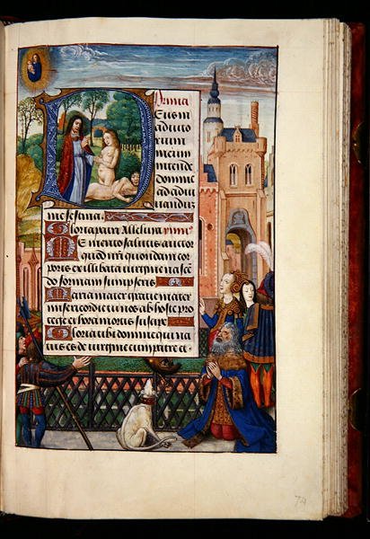 Ms 1058-1975, f.74r: Kong David ber til jomfruen og barnet og en historisk initial D som viser skapelsen av Eva, fra en timebok, Brugge, ca. 1510 (gullblekk og tempera på pergament) av Flemish School