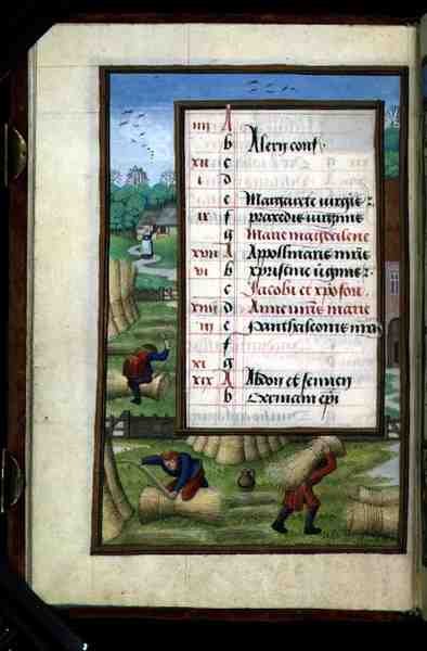 Ms 1058-1975 f7v Binding and Carrying Sheaves, belyst kalenderside for juli, fra en timebok, ca. 1500 (vellum) av Flemish School