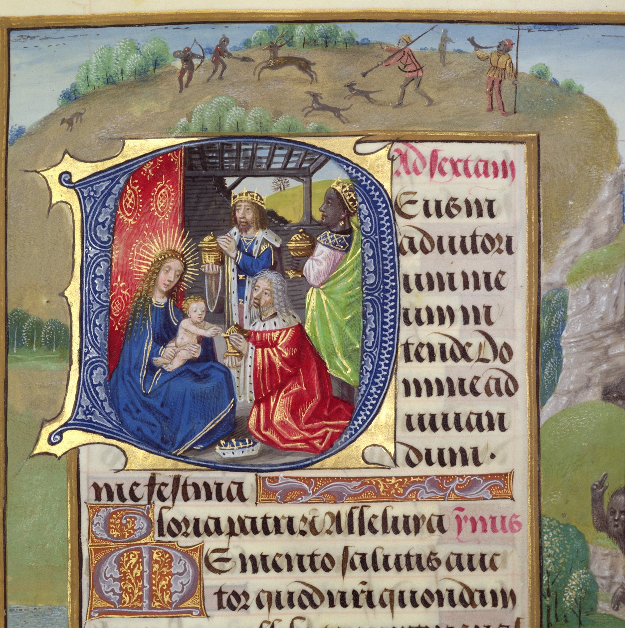Ms 1058-1975 f.82r Historiker initial `D som viser tilbedelsen av kongene, fra en Time Books, sannsynligvis Brugge, ca. 1500-05 av Flemish School