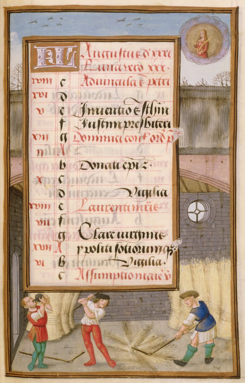 Ms 1058-1975 f8r Threshing Corn in the Barn, opplyst kalenderside for august, fra a Book of Hours, ca.1500 av Flemish School