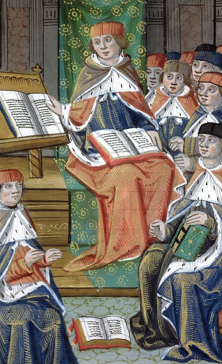 Ms Hunter 9 f.43v Forelesning i sal, fra De Medina Fen I. II, av Avicenna (980-1037) av Flemish School