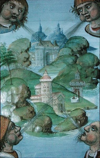 Ms Hunter 9 f.47v Fire vinder som blåser i hjørner på et havomkretslandskap, fra 