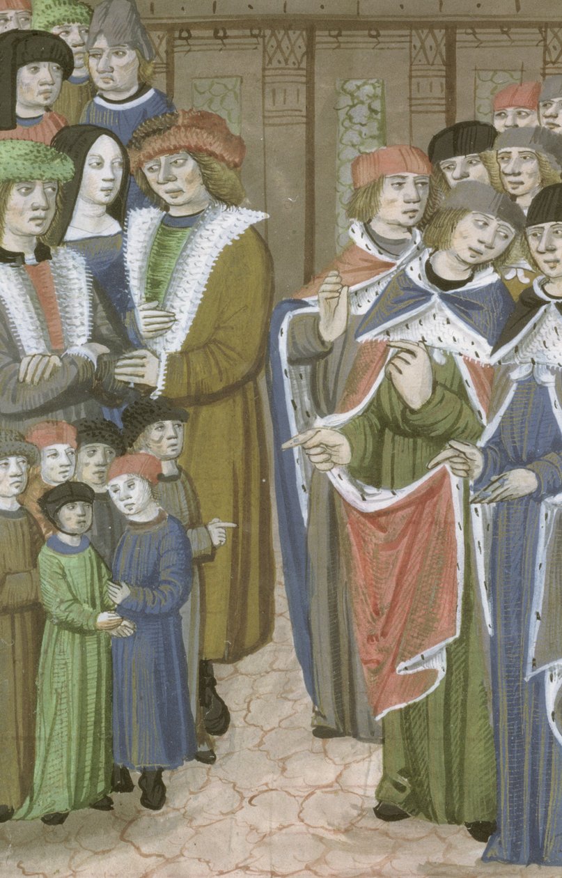 Ms Hunter 9 f.68v Gruppe av leger, menn, kvinner og barn, fra De Medina Fen I. II, av Avicenna (980-1037) av Flemish School