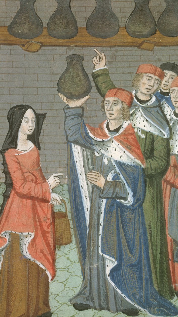 Ms Hunter 9 f.84r Kvinne med kurv som bringer urinalis magnus, fra De Medina Fen I. II, av Avicenna (980-1037) av Flemish School