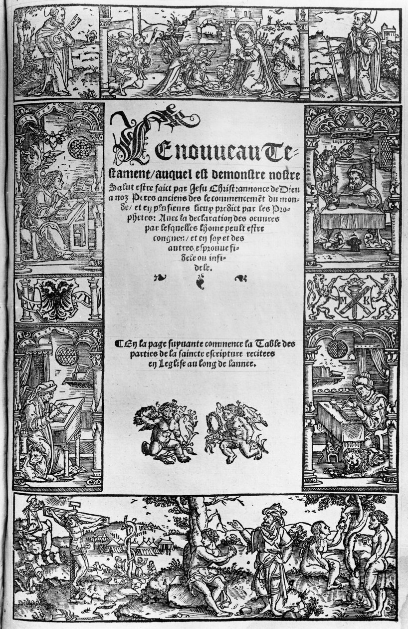 Det nye testamentets tittelside til en fransk oversettelse av Jacques Lefevre dEtaples (1450?-1537) utgitt i Antwerpen i 1531 av Flemish School