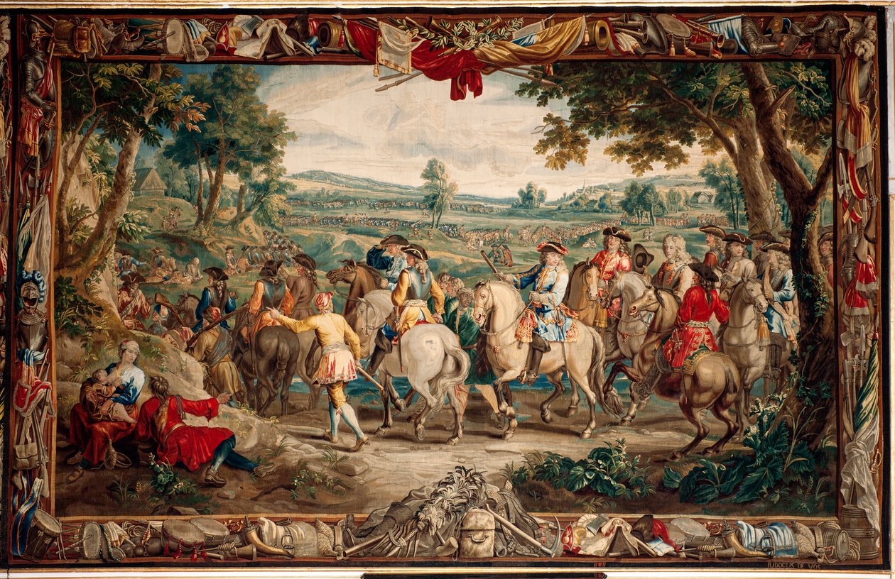 Slottet (Schlossanlage Schleißheim). flamsk billedvev. Brussels atelier Judocus De Vos. Design Lambert De Hondt. Marsjen (La Marche). 400x640 cm. Ull og silke. Omtrent 1715 - 1724. av Flemish School