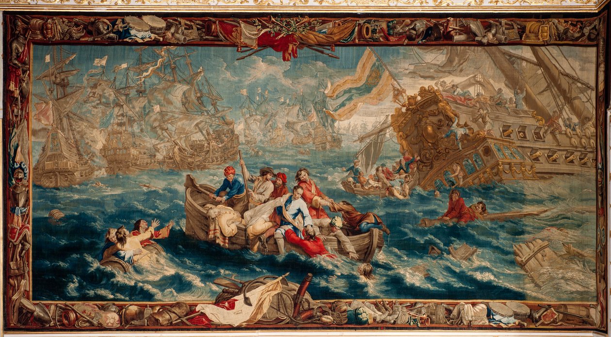 Slottet (Schlossanlage Schleissheim). flamsk billedvev. Brussels atelier Judocus De Vos. Design Lambert De Hondt. Sjøslaget ved La Hogue (slaget ved La Hogue). 400x792 cm. Ull og silke. Omtrent 1715 - 1724. av Flemish School