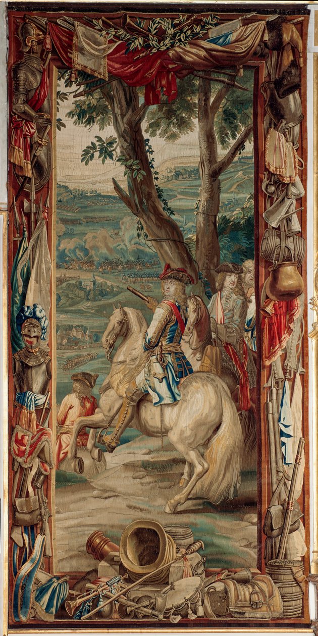 Slottet (Schlossanlage Schleissheim). flamsk billedvev. Brussel-studio Judocus De Vos. Design Lambert De Hondt. Maximilian II Emanuel (Maximilian Emmanuel og to infanterister). 400x175 cm. Ull og silke. Ca 1715 - 1724. av Flemish School