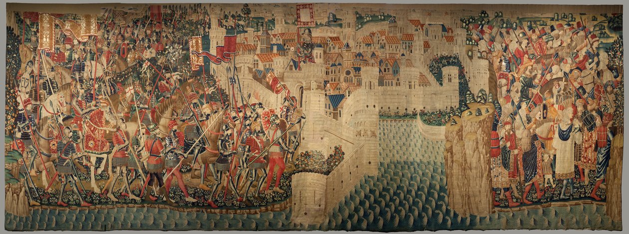 Parish museum for gobeliner (Parish Museum of Pastrana Tapestries). flamsk billedvev. Conquest of Tanger (Taking of Tangier, De inname van Tanger). Seriens erobringer av kong Alfonso I av Portugal. Tournai. Ull og silke av Flemish School