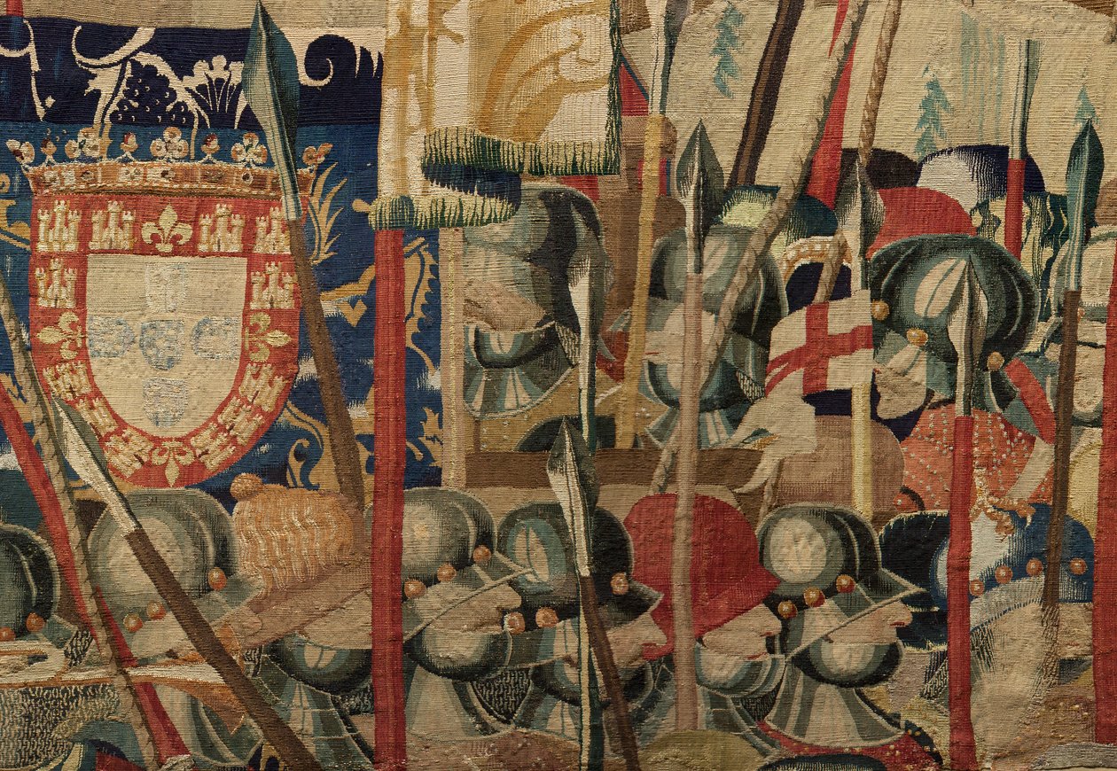Parish museum for billedvev (Pastrana Parish Museum of Tapestries). flamsk billedvev. Landingen ved Arzila (Landingen ved Arzila, Desembarco og Arzila). Series Conquests of King Alfonso I of Portugal (Conquests of King Alfonso V of Portugal). Turnering. Ul av Flemish School