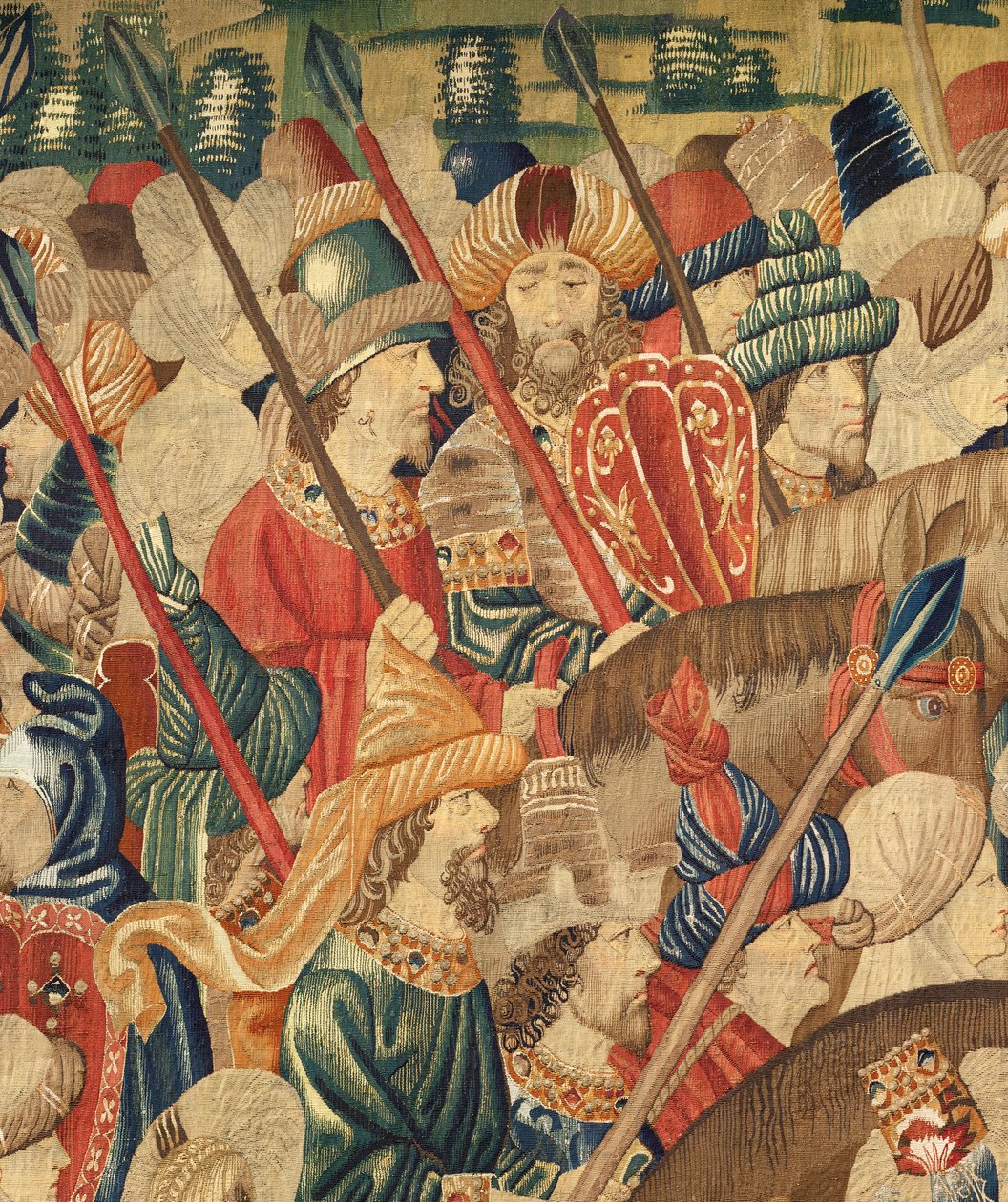 Parish museum for gobeliner (Parish Museum of Pastrana Tapestries). flamsk billedvev. Conquest of Tanger (Taking of Tangier, De inname van Tanger). Seriens erobringer av kong Alfonso I av Portugal. Tournai. Detalj. Ull av Flemish School