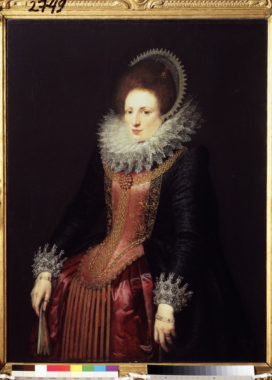 ""Portrett av en dame med en vifte" (Portrett av en dame med en vifte) en rik dame, iført en ruff og en brodert kjole. Maleri av den flamske skolen rundt 1610. Pushkin-museet, Moskva av Flemish School