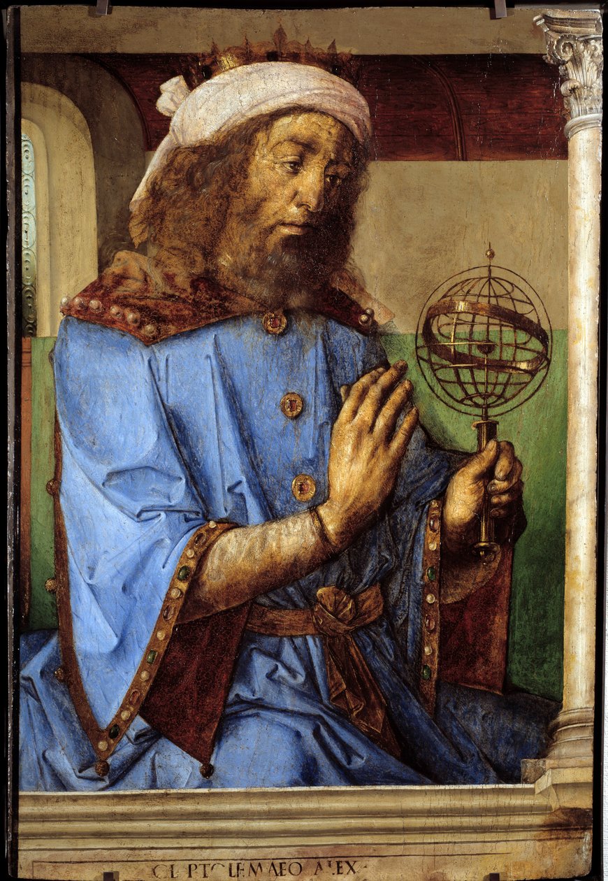 Portrett av Ptolemaeus (Claudius Ptolemaeus, ca. 90-168), gresk astronom. Maleri av Pedro Berruguete (ca. 1450-før 1504) og Just Of Ghent (1435-1480) Ec. Flam av Flemish School