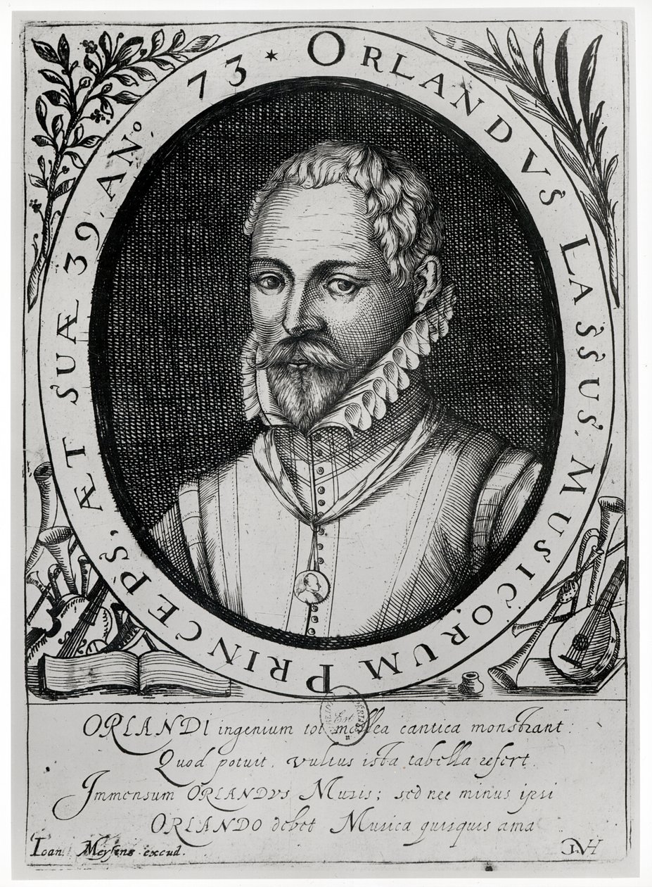 Portrett av Roland de Lassus (1532-94) (gravering) (bw-foto) av Flemish School