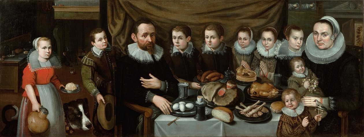 Portrett av en familie ved middagsmåltid, 1610-tallet av Flemish School
