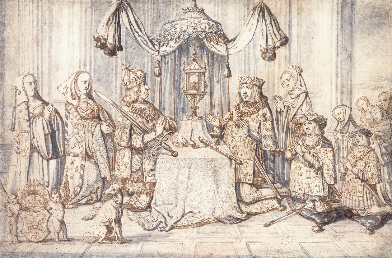 Portretter av keiser Maximilian I, hans kone, datter, sønn og andre i Det hellige kapell i Dijon, ca. 1600 av Flemish School
