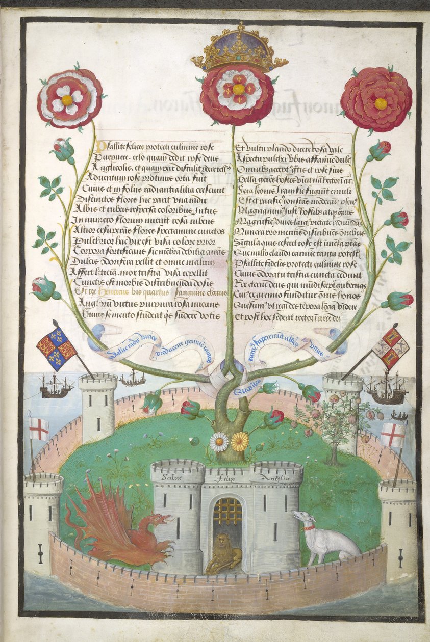 Royal MS 11 E Xl fol.2 Vers med Tudor-symboler, ca. 1516 (vellum) av Flemish School