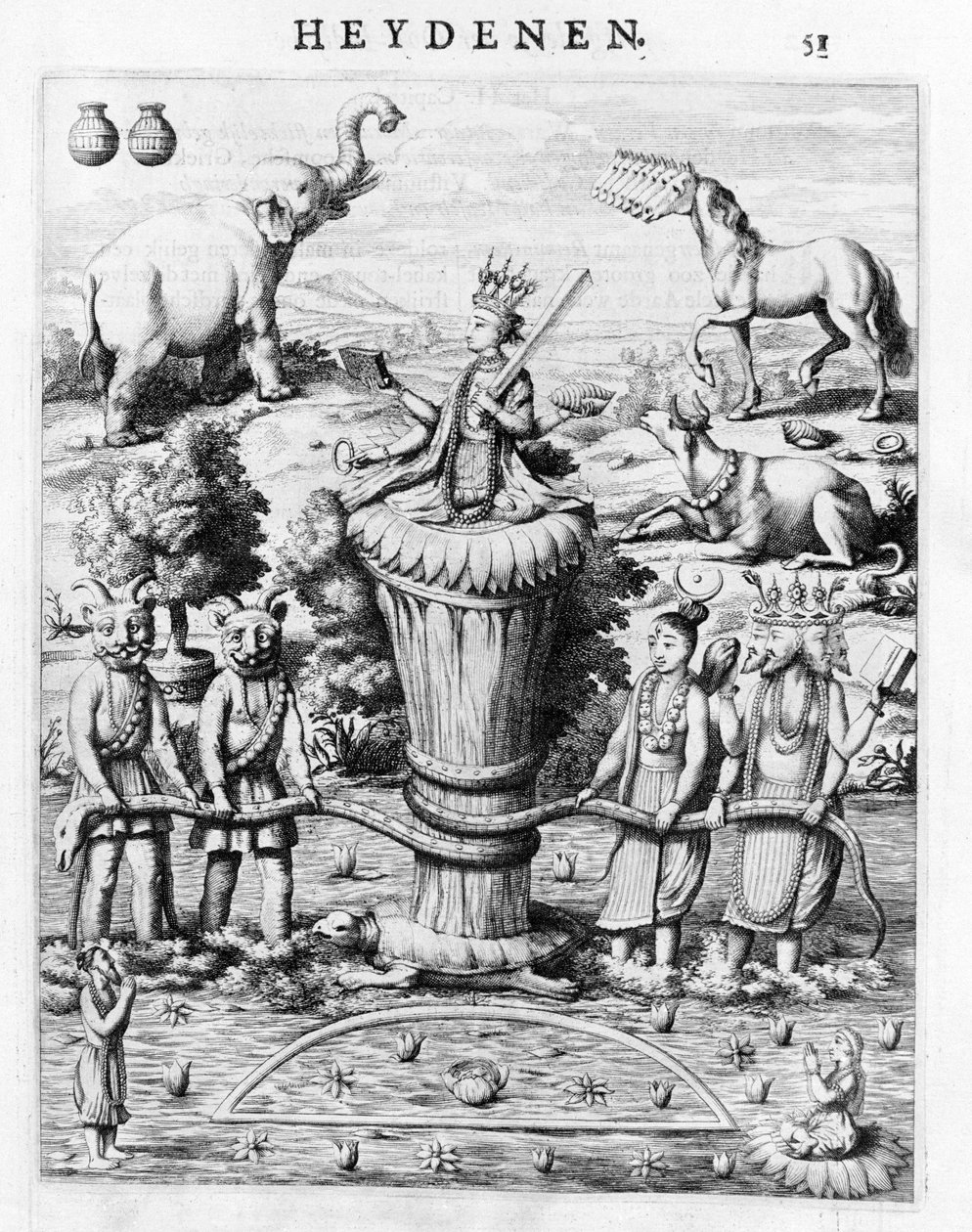 Samudramathana, med deltakelse av Deva (Surya, Shiva, Vishnu, Brahma) med demoner og fjell. Ifølge Baldaeus Philippus Afgoderye der oost-indische Heydenen. Amsterdam 1672 av Flemish School