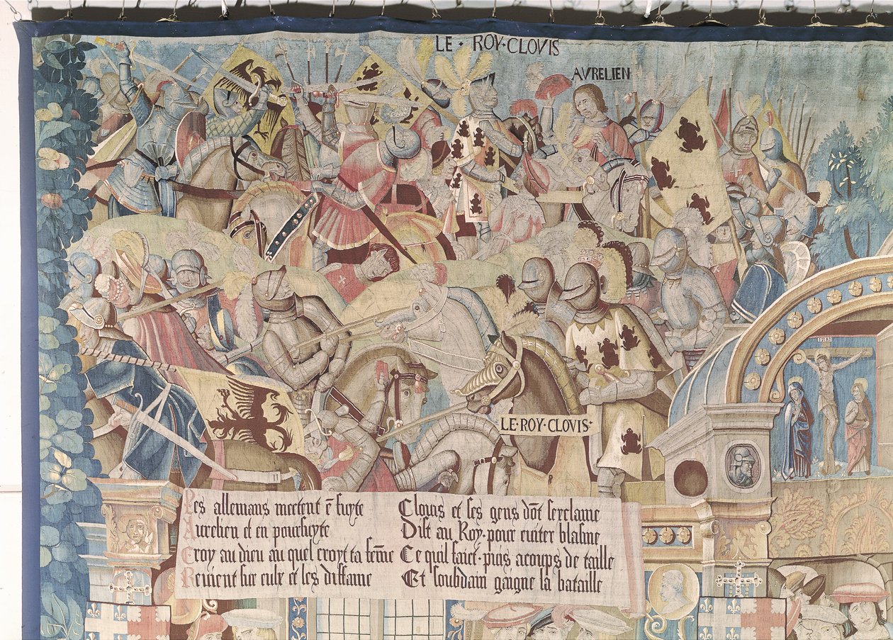 Scener fra Life of St. Remegius (d.553) detalj av Clovis I (465-511) i slaget ved Tolbiac mot alamannerne i 496 e.Kr. av Flemish School