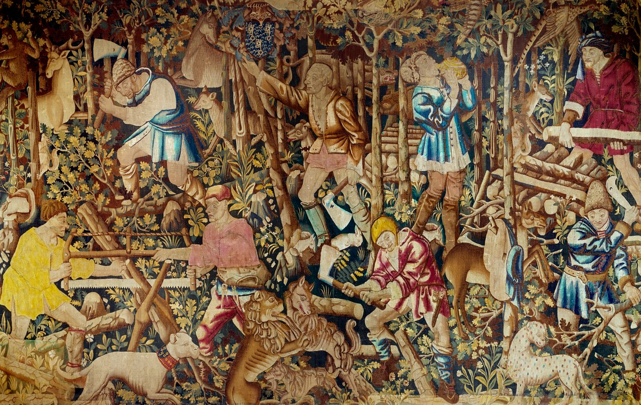 Scener med høsting og vedhogger. Tapetet av den flamske skolen. Tournai. Paris fra 1400-tallet, dekorativ kunst av Flemish School