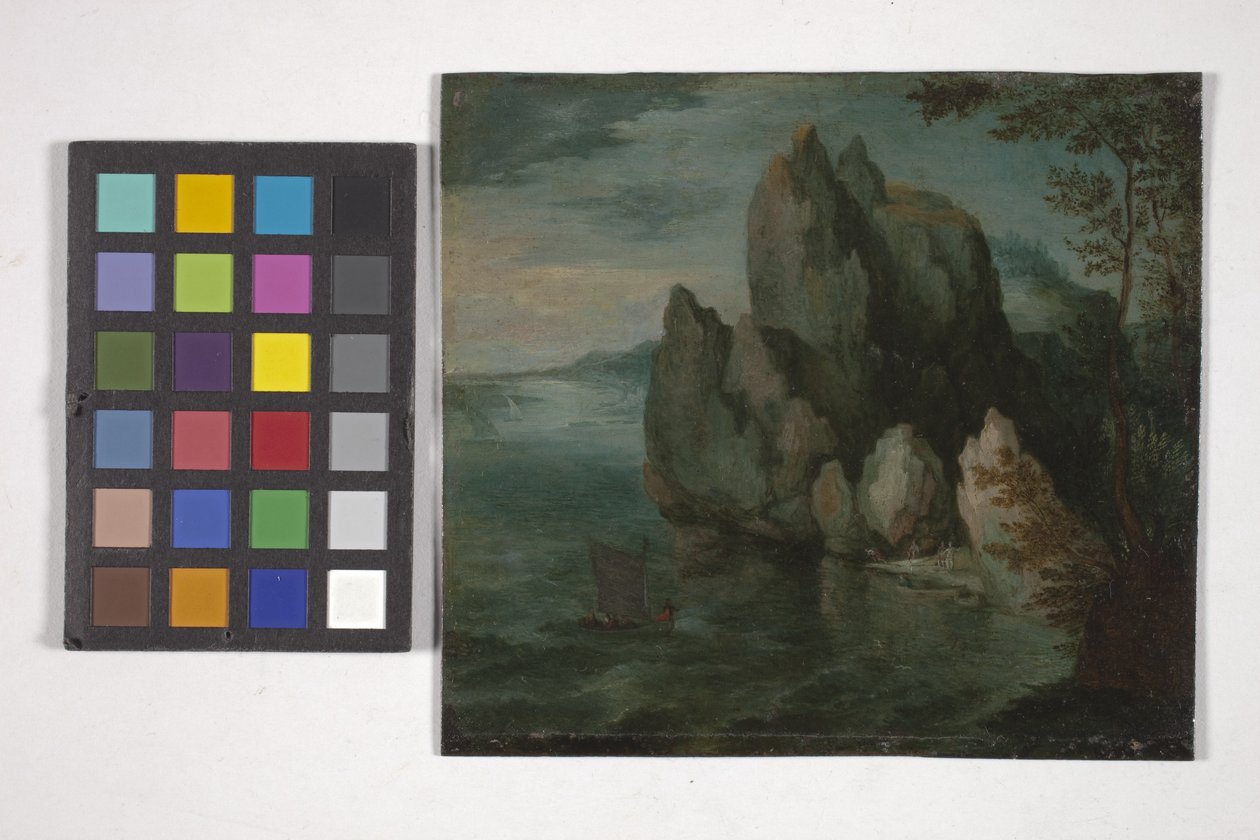 Havlandskap med en høy klippe (olje på kobber) av Flemish School