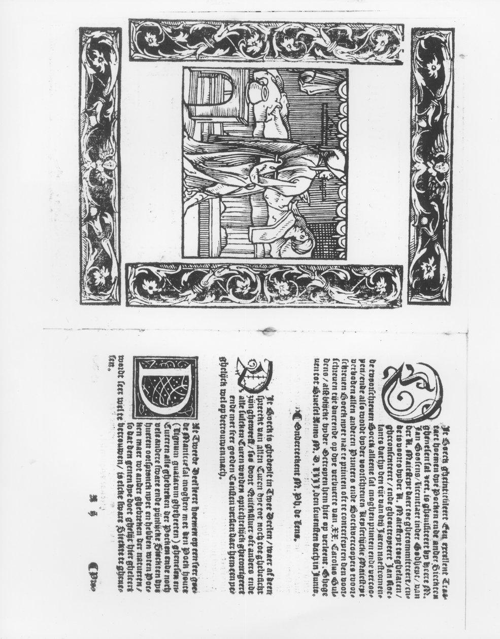 Sykeseng med et koppeoffer, illustrasjon fra en medisinsk avhandling av Paracelsus (1493-1541) pub. 1553 av Flemish School