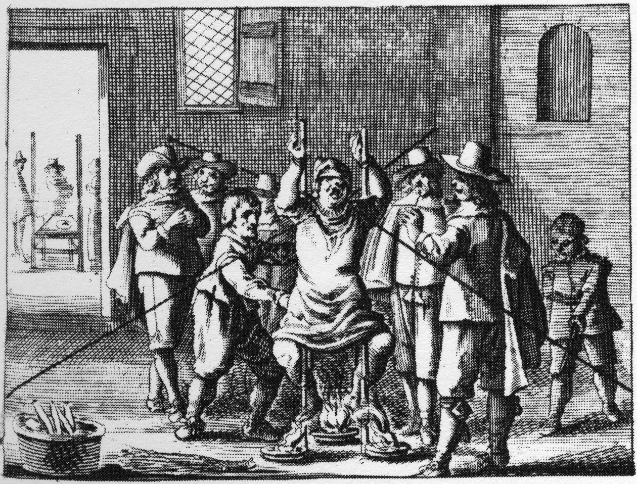 Trollmann som halskjedet tortureres til - gravering av 1725 i "" La Sorcellerie demasquee"" ('t Afgerukt mom-aansight der tooverye) av Abraham Palingh av Flemish School