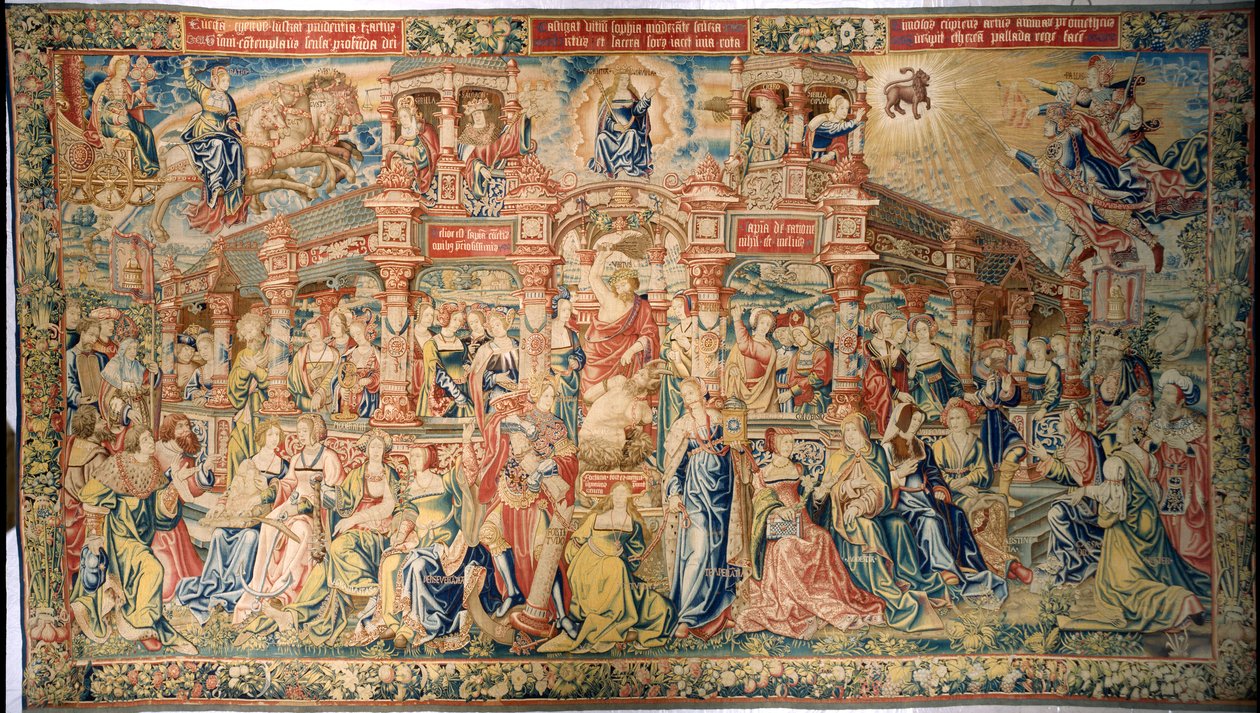 Tapet som viser Prudence som ankommer Court of Divine Wisdom, fra Brussel av Flemish School