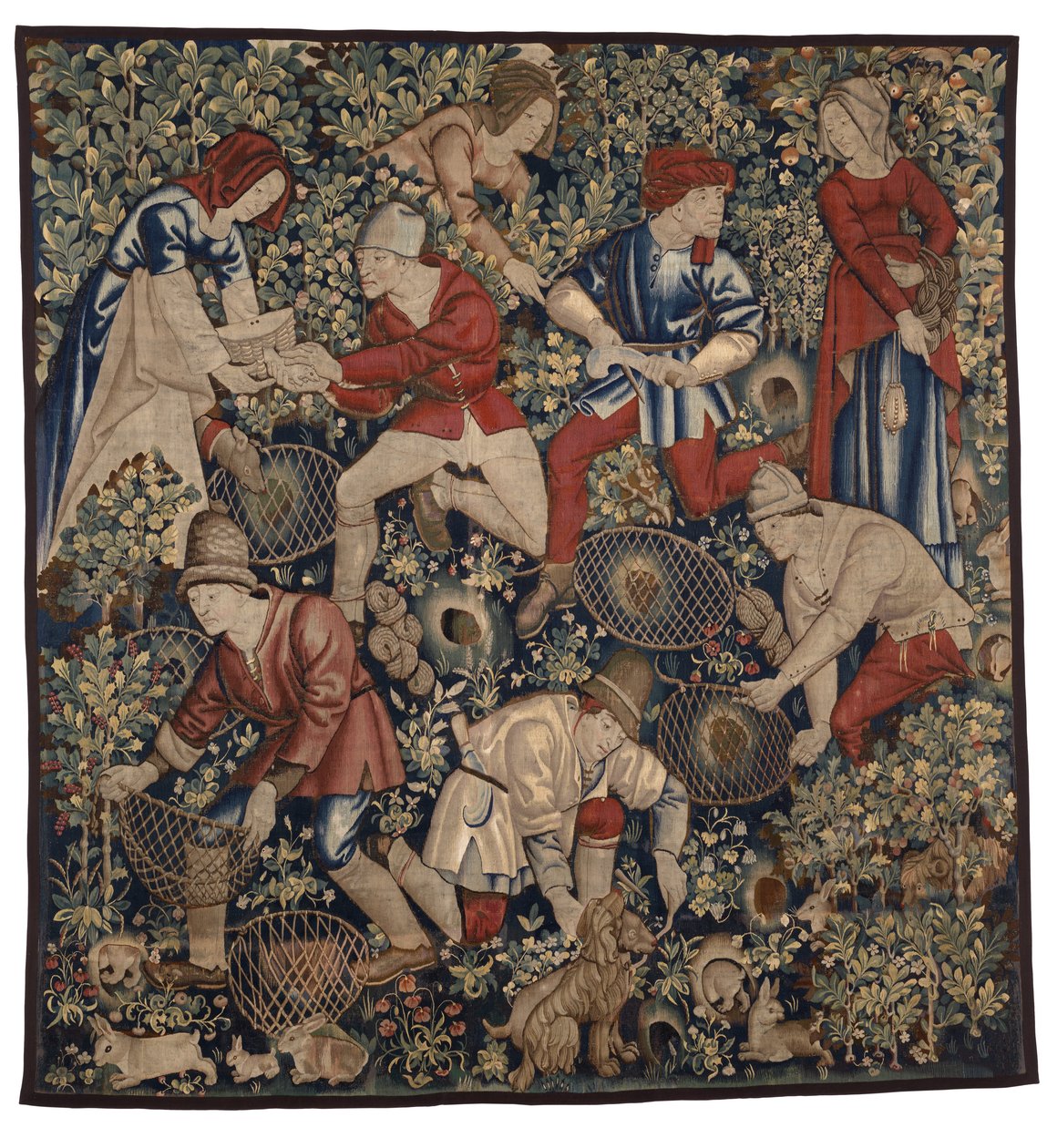 Tapet som viser bønder som jakter på kaniner med ildere, Tournai, ca. 1450-75 (ull) av Flemish School
