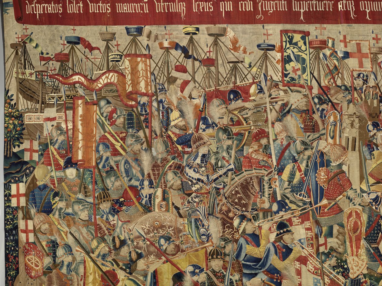 Tapet som viser erobringene av kong Alfonso V av Portugal (Conquistas de Alfonso V de Portugal), Tournai. Detalj. (Ull og silke) av Flemish School