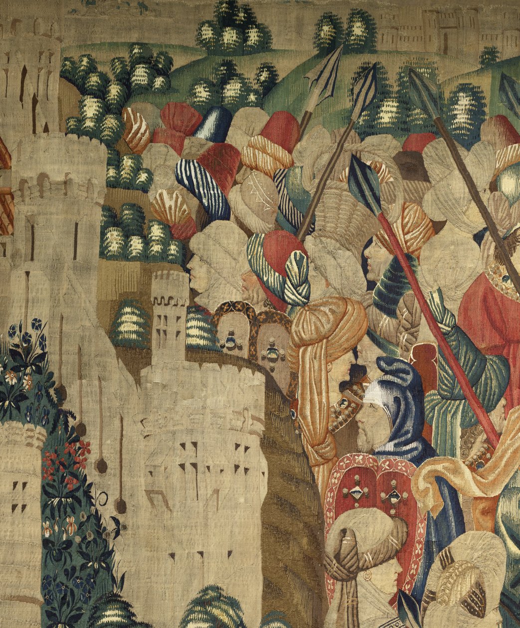 Tapet som viser erobringene av kong Alfonso V av Portugal (Conquistas de Alfonso V de Portugal), Tournai. Detalj. (Ull og silke) av Flemish School