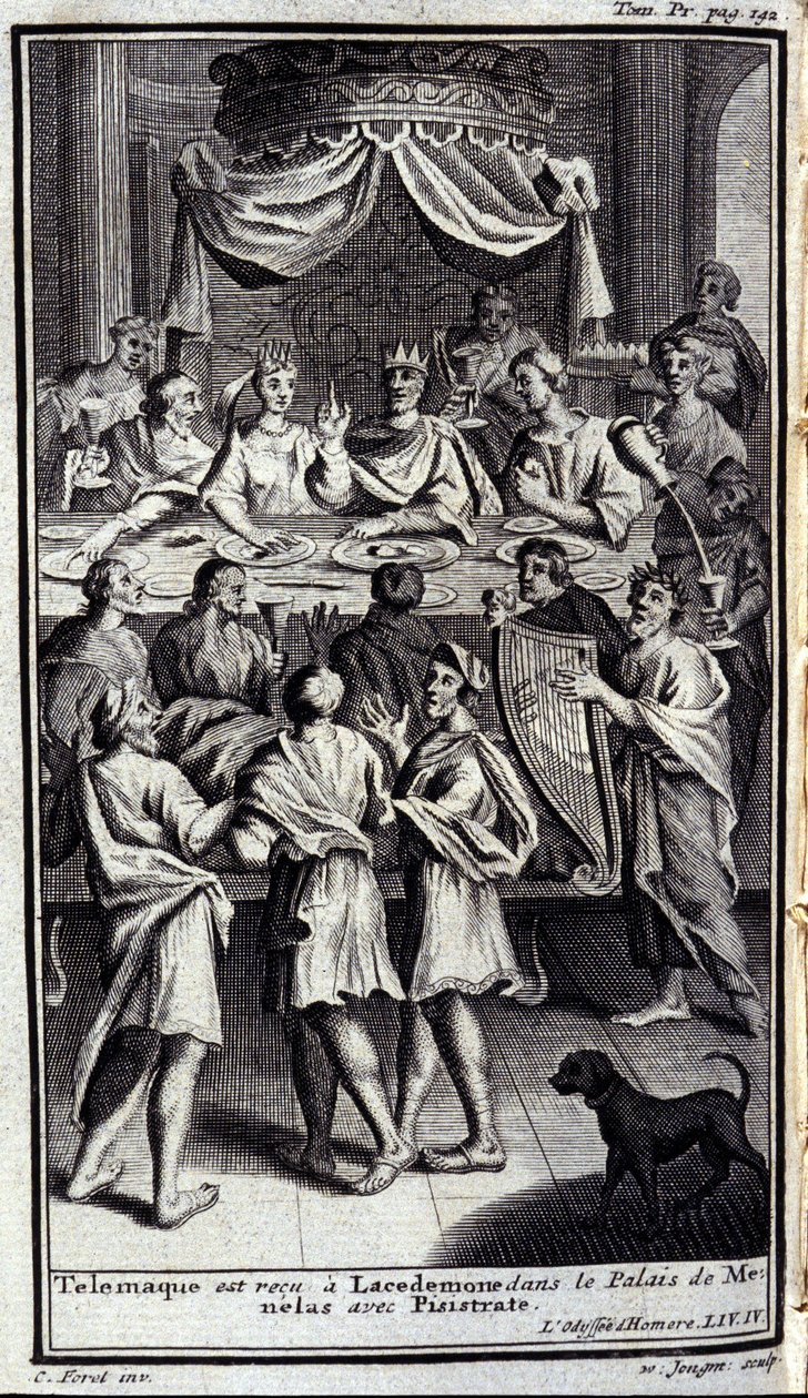 Telemaque blir mottatt i Lacedemone i Menelas-palasset med Pisistrate. Illustrasjon for bok IV av Odyssee of Homere, i Odyssee, utgitt i Amsterdam i 1731, Milano. av Flemish School