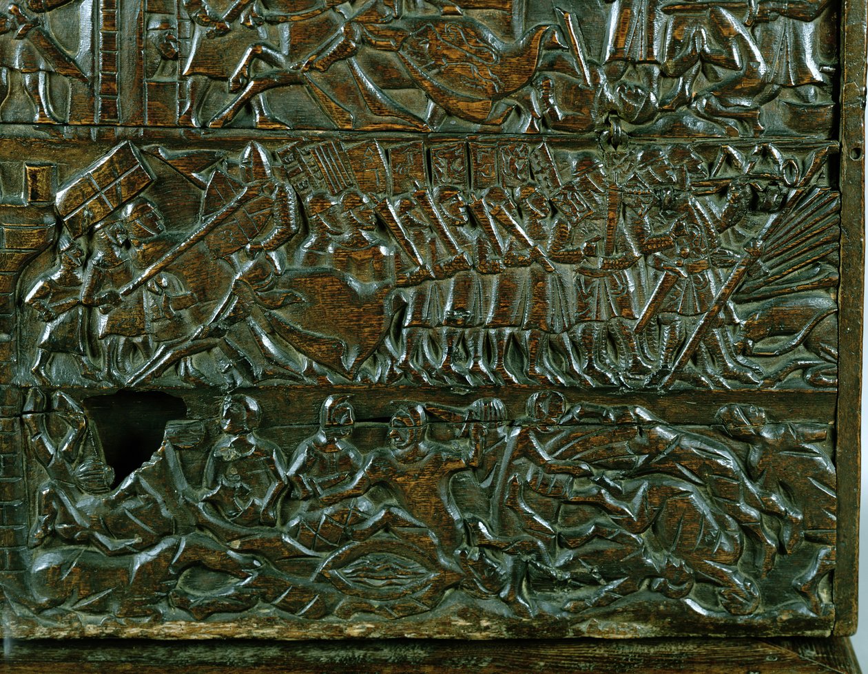 Courtrai-kisten som skildrer den flamske kamplinjen under slaget ved Golden Spurs, utkjempet ved Courtrai i 1302 (tre) (detalj) av Flemish School