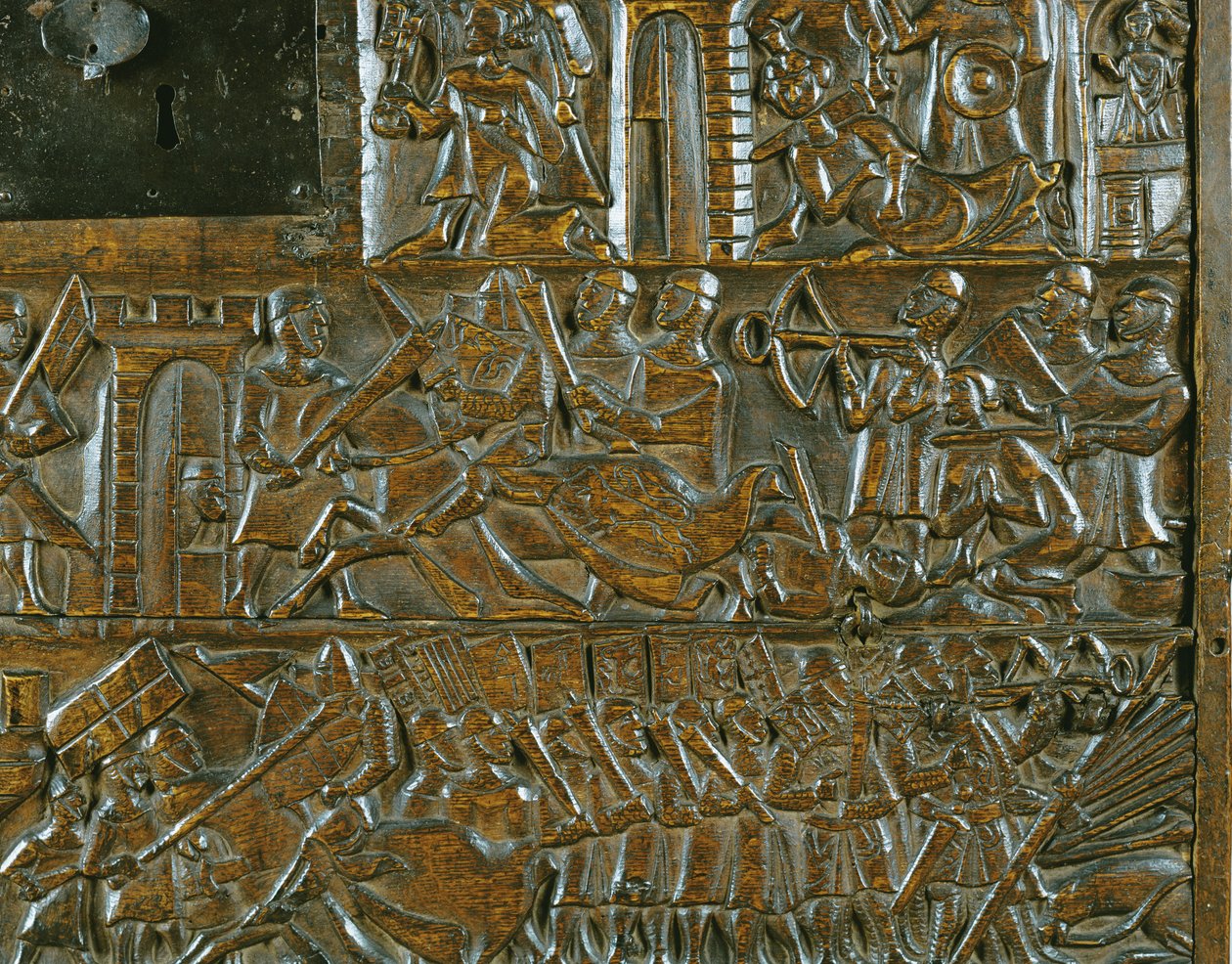 Courtrai-kisten som skildrer opprøret i Brugge 18. mai, under slaget ved Golden Spurs utkjempet i Courtrai i 1302 (tre) (detalj) av Flemish School