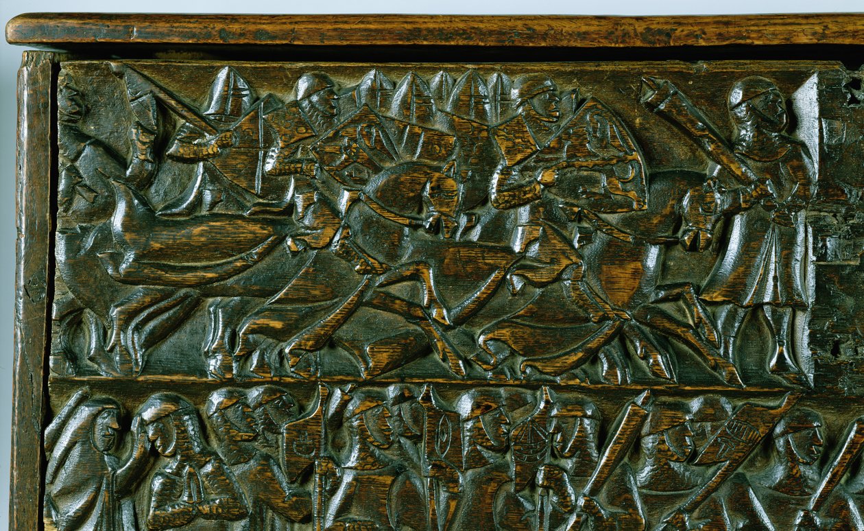 The Courtrai Chest som skildrer to scener fra slaget ved Golden Spurs utkjempet i Courtrai i 1302 (tre) (detalj) av Flemish School