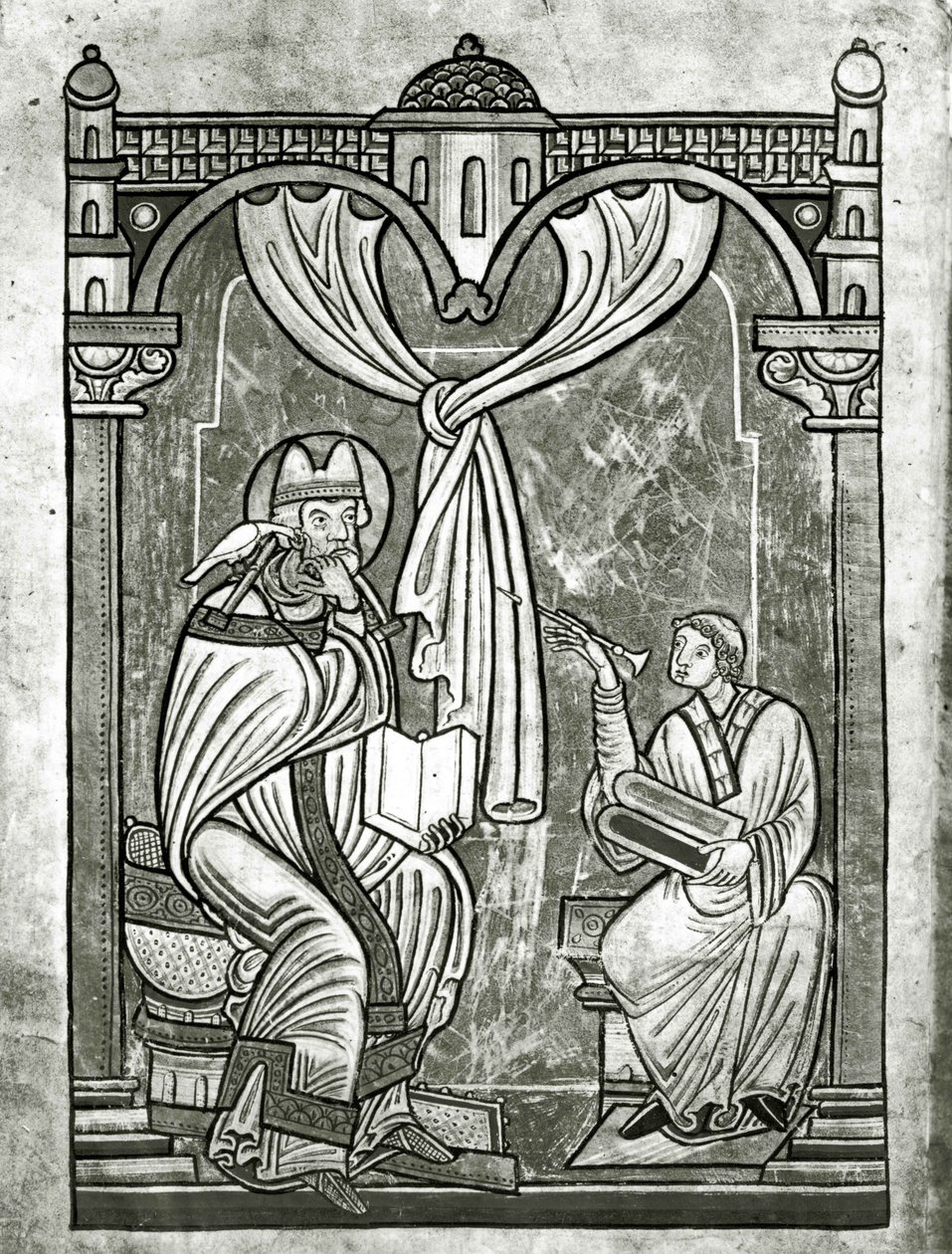 The Ecstasy of St. Gregory (ca. 540-604) skimtet av diakonen Peter gjennom et gardin gjennomboret av stiletten hans av Flemish School