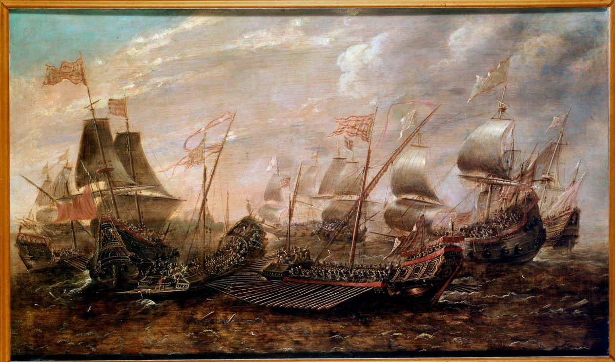Invincible Armada sjøslaget som så nederlaget til den spanske armadaen mot den engelske flåten i august 1588, flamsk skole av Flemish School